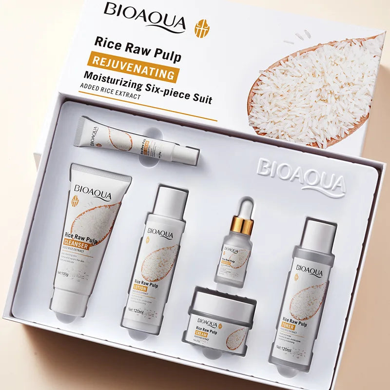 BIOAQUA Rice Raw Pulp Skin Care Set (6pcs) – Firming, Moisturizing & Complete Korean Face Care